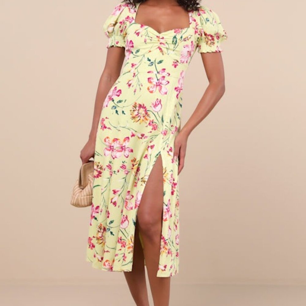 Lulus Parisian Picnic Green Floral Jacquard Puff Sleeve Midi Dress - Size M